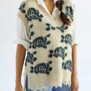 Anthropologie NWT Distressed Floral Knit Sweater Vest Top